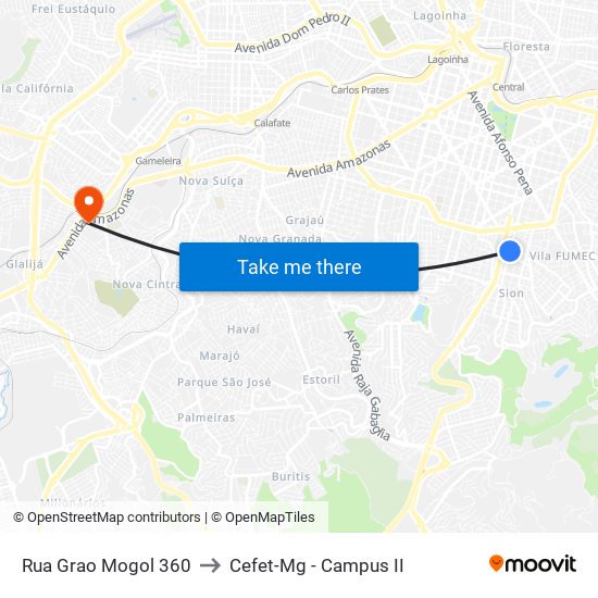 Rua Grao Mogol 360 to Cefet-Mg - Campus II map
