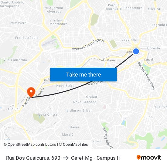 Rua Dos Guaicurus, 690 to Cefet-Mg - Campus II map