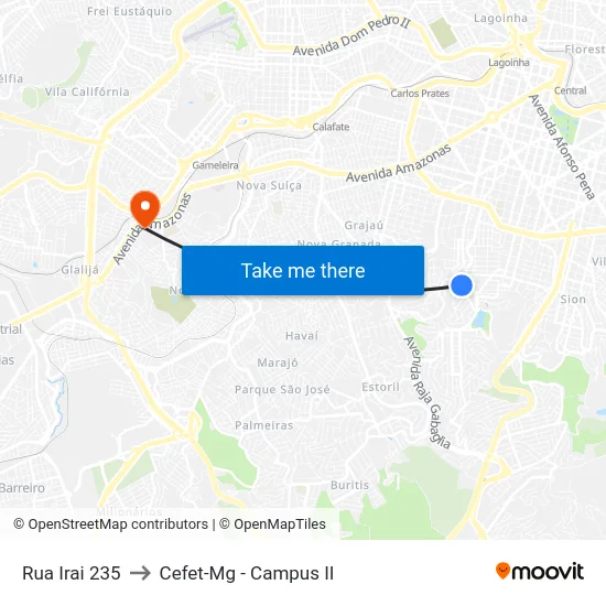 Rua Irai 235 to Cefet-Mg - Campus II map