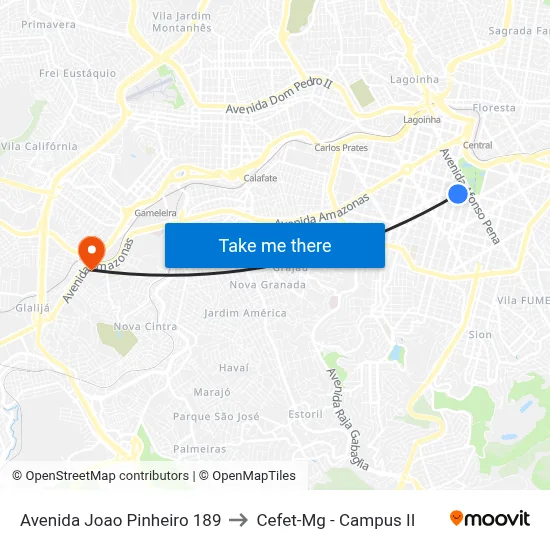 Avenida Joao Pinheiro 189 to Cefet-Mg - Campus II map