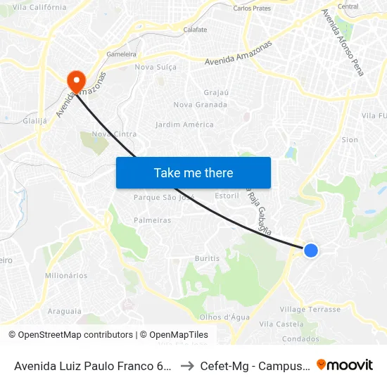 Avenida Luiz Paulo Franco 659 to Cefet-Mg - Campus II map