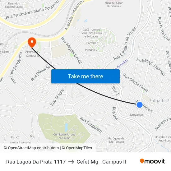 Rua Lagoa Da Prata 1117 to Cefet-Mg - Campus II map