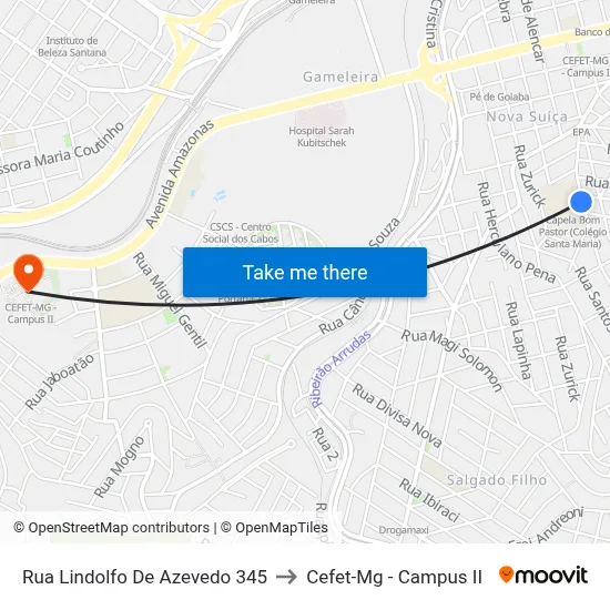 Rua Lindolfo De Azevedo 345 to Cefet-Mg - Campus II map
