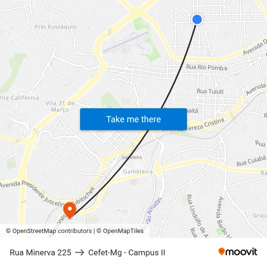 Rua Minerva 225 to Cefet-Mg - Campus II map