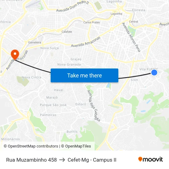 Rua Muzambinho 458 to Cefet-Mg - Campus II map