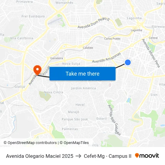Avenida Olegario Maciel 2025 to Cefet-Mg - Campus II map