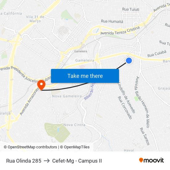 Rua Olinda 285 to Cefet-Mg - Campus II map