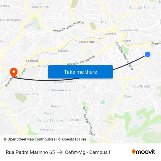 Rua Padre Marinho 65 to Cefet-Mg - Campus II map