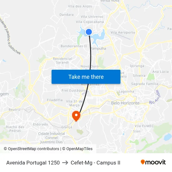 Avenida Portugal 1250 to Cefet-Mg - Campus II map