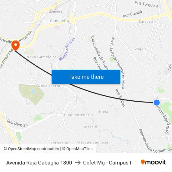 Avenida Raja Gabaglia 1800 to Cefet-Mg - Campus II map