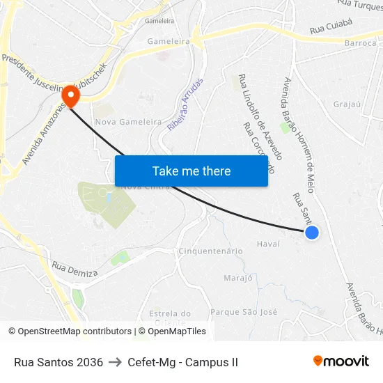 Rua Santos 2036 to Cefet-Mg - Campus II map