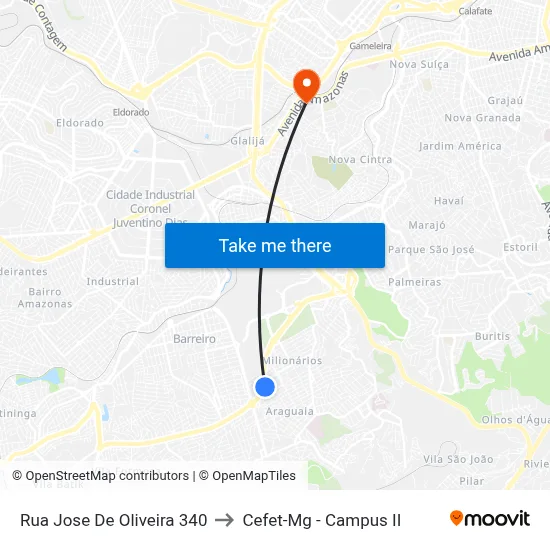 Rua Jose De Oliveira 340 to Cefet-Mg - Campus II map