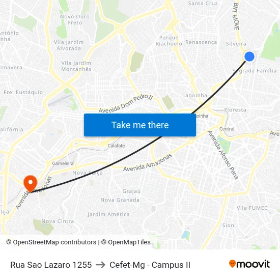 Rua Sao Lazaro 1255 to Cefet-Mg - Campus II map