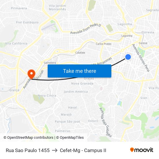 Rua Sao Paulo 1455 to Cefet-Mg - Campus II map