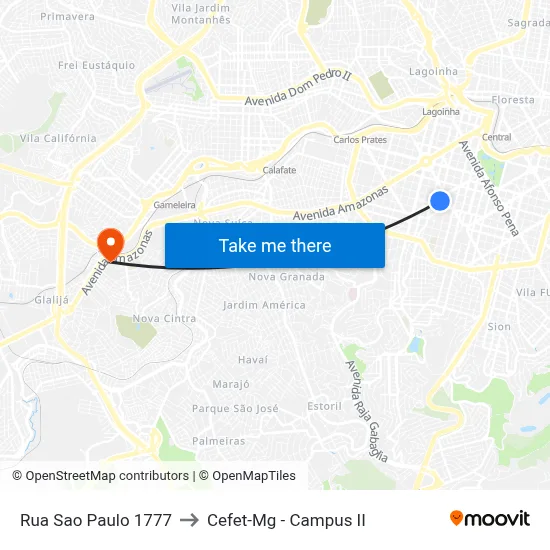 Rua Sao Paulo 1777 to Cefet-Mg - Campus II map