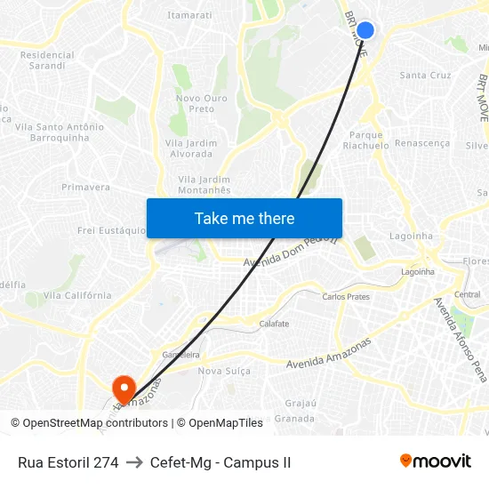 Rua Estoril 274 to Cefet-Mg - Campus II map