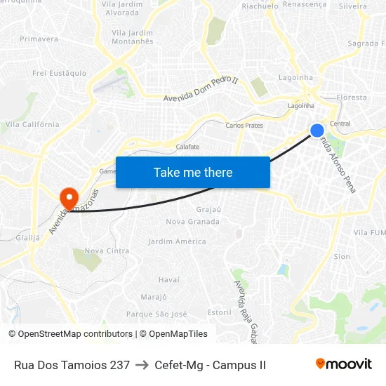 Rua Dos Tamoios 237 to Cefet-Mg - Campus II map