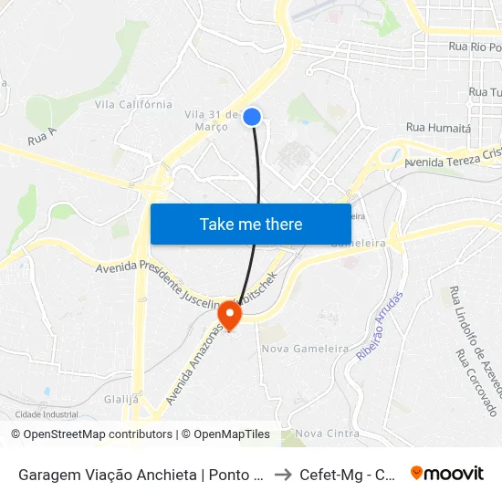 Garagem Viação Anchieta | Ponto Final Linha 5401 to Cefet-Mg - Campus II map