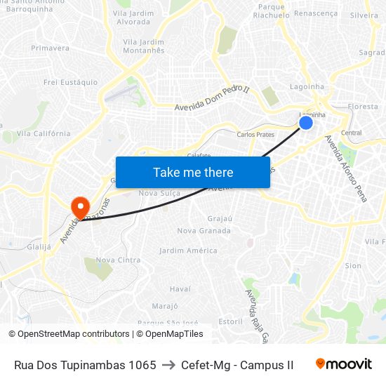Rua Dos Tupinambas 1065 to Cefet-Mg - Campus II map