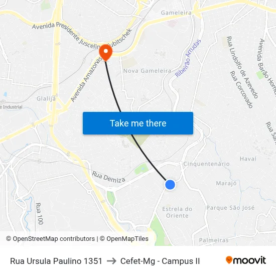 Rua Ursula Paulino 1351 to Cefet-Mg - Campus II map