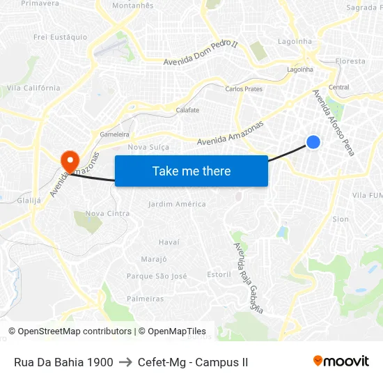 Rua Da Bahia 1900 to Cefet-Mg - Campus II map