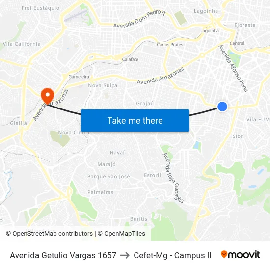 Avenida Getulio Vargas 1657 to Cefet-Mg - Campus II map