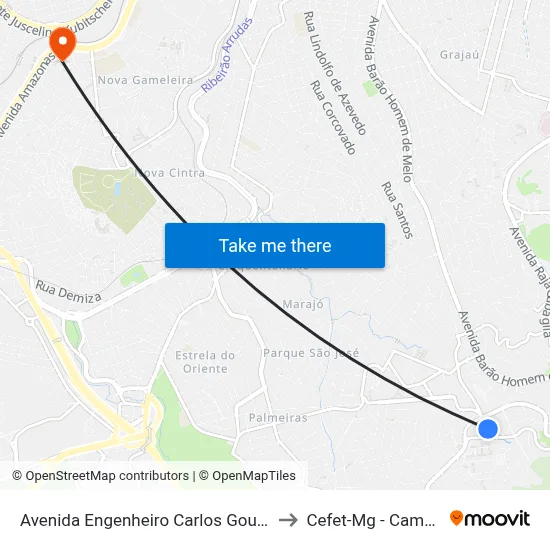 Avenida Engenheiro Carlos Goulart 185 to Cefet-Mg - Campus II map