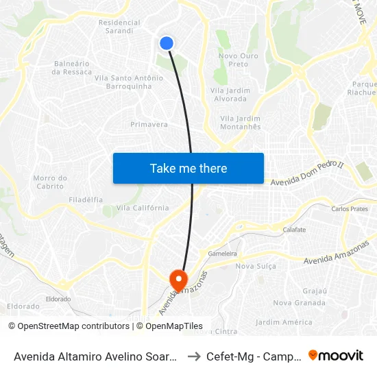 Avenida Altamiro Avelino Soares 920 to Cefet-Mg - Campus II map
