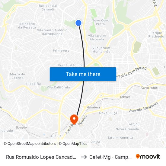 Rua Romualdo Lopes Cancado 819 to Cefet-Mg - Campus II map