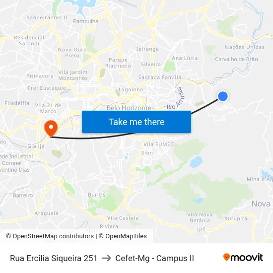 Rua Ercilia Siqueira 251 to Cefet-Mg - Campus II map