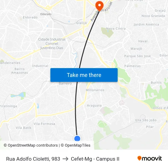 Rua Adolfo Cioletti, 983 to Cefet-Mg - Campus II map