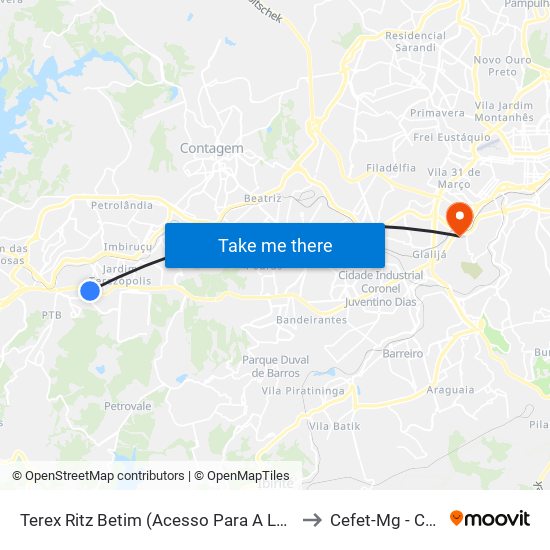 Terex Ritz Betim (Acesso Para A Lear/Paulo Camilo) to Cefet-Mg - Campus II map