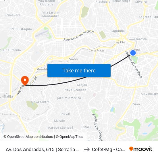 Av. Dos Andradas, 615 | Serraria Souza Pinto 2 to Cefet-Mg - Campus II map