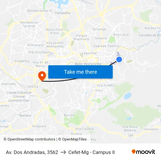 Av. Dos Andradas, 3562 to Cefet-Mg - Campus II map