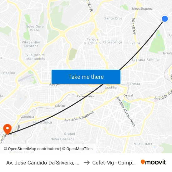 Av. José Cândido Da Silveira, 2557 to Cefet-Mg - Campus II map