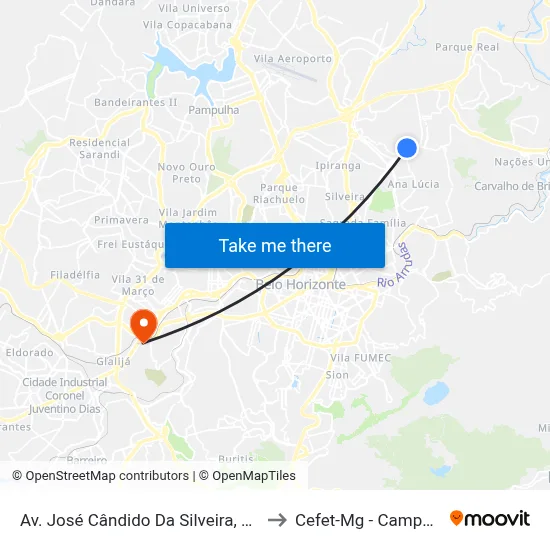 Av. José Cândido Da Silveira, 3080 to Cefet-Mg - Campus II map