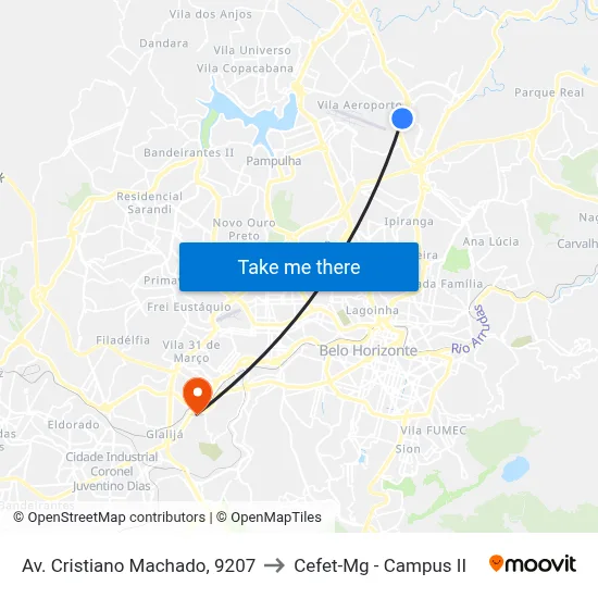 Av. Cristiano Machado, 9207 to Cefet-Mg - Campus II map