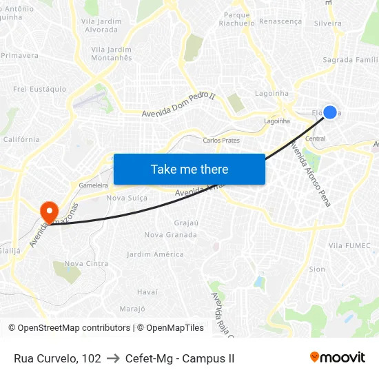 Rua Curvelo, 102 to Cefet-Mg - Campus II map