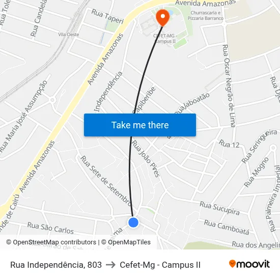 Rua Independência, 803 to Cefet-Mg - Campus II map