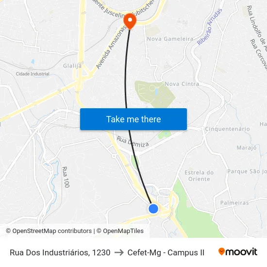 Rua Dos Industriários, 1230 to Cefet-Mg - Campus II map