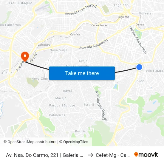 Av. Nsa. Do Carmo, 221 | Galeria Carmo Sion 2 to Cefet-Mg - Campus II map