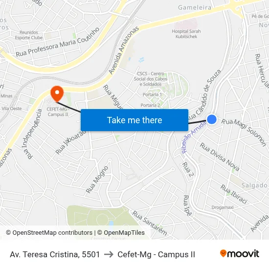 Av. Teresa Cristina, 5501 to Cefet-Mg - Campus II map
