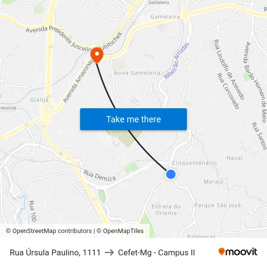 Rua Úrsula Paulino, 1111 to Cefet-Mg - Campus II map