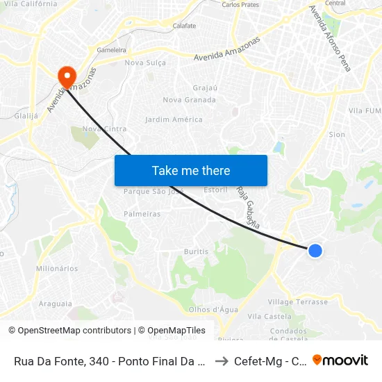 Rua Da Fonte, 340 - Ponto Final Da Linha 4110 No Biocor to Cefet-Mg - Campus II map