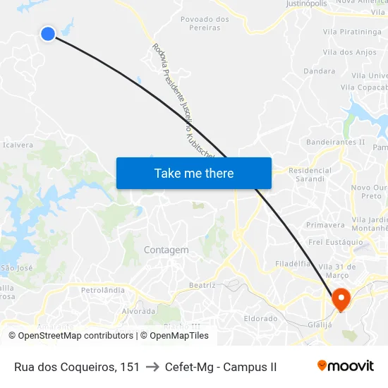 Rua dos Coqueiros, 151 to Cefet-Mg - Campus II map