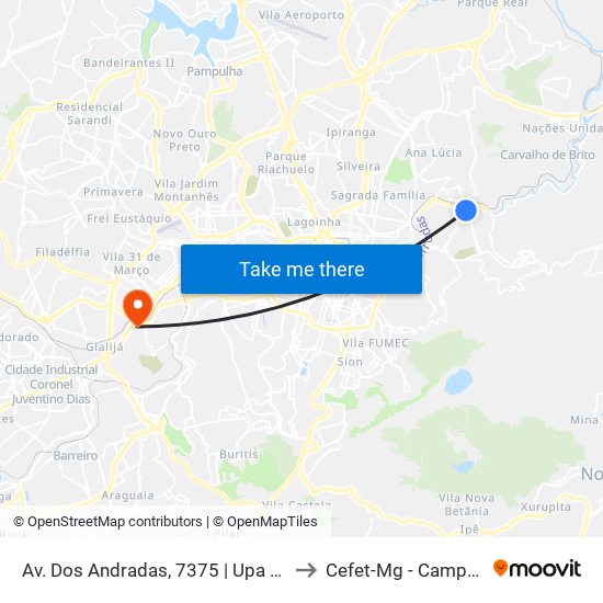Av. Dos Andradas, 7375 | Upa Leste to Cefet-Mg - Campus II map