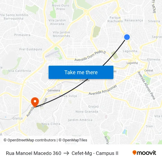 Rua Manoel Macedo 360 to Cefet-Mg - Campus II map