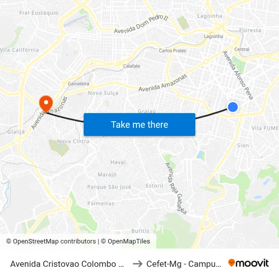 Avenida Cristovao Colombo 350 to Cefet-Mg - Campus II map