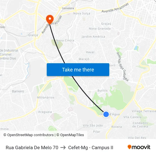 Rua Gabriela De Melo 70 to Cefet-Mg - Campus II map