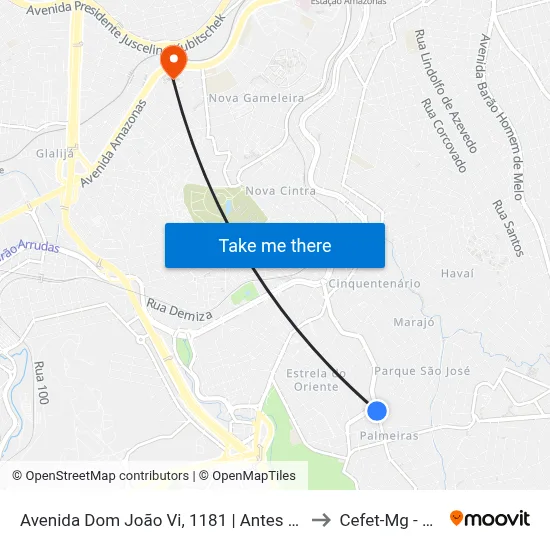 Avenida Dom João Vi, 1181 | Antes Da Praça Do Palmeiras to Cefet-Mg - Campus II map